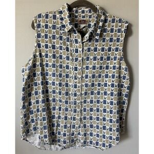 VTG 90s Y2K Barn Fly Sleeveless Button Down  Blouse Cowboy Boot Western Sz Large